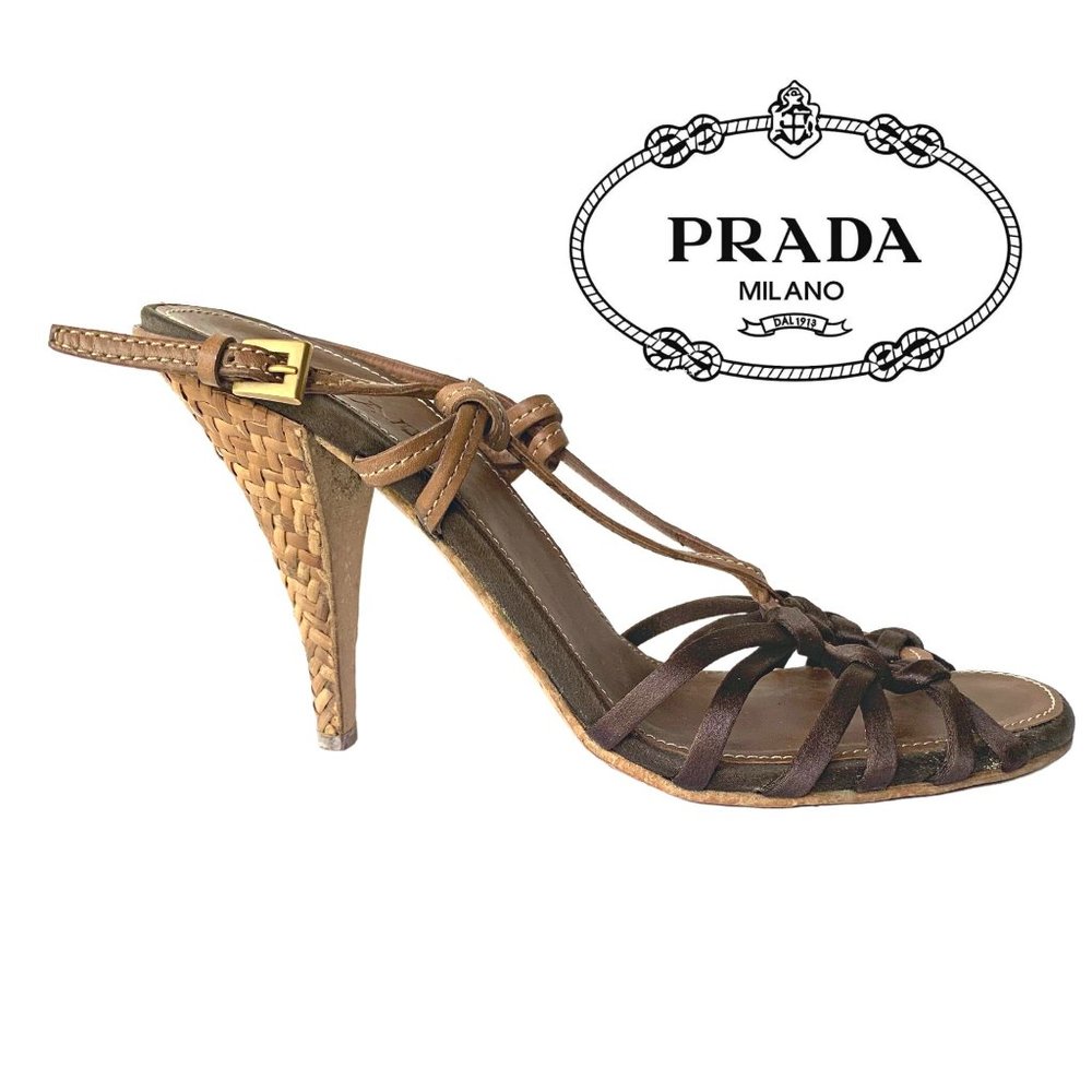 Authentic Prada 37.5 m Sexy Strappy Slingback Heels Brown Leather & Satin EUC